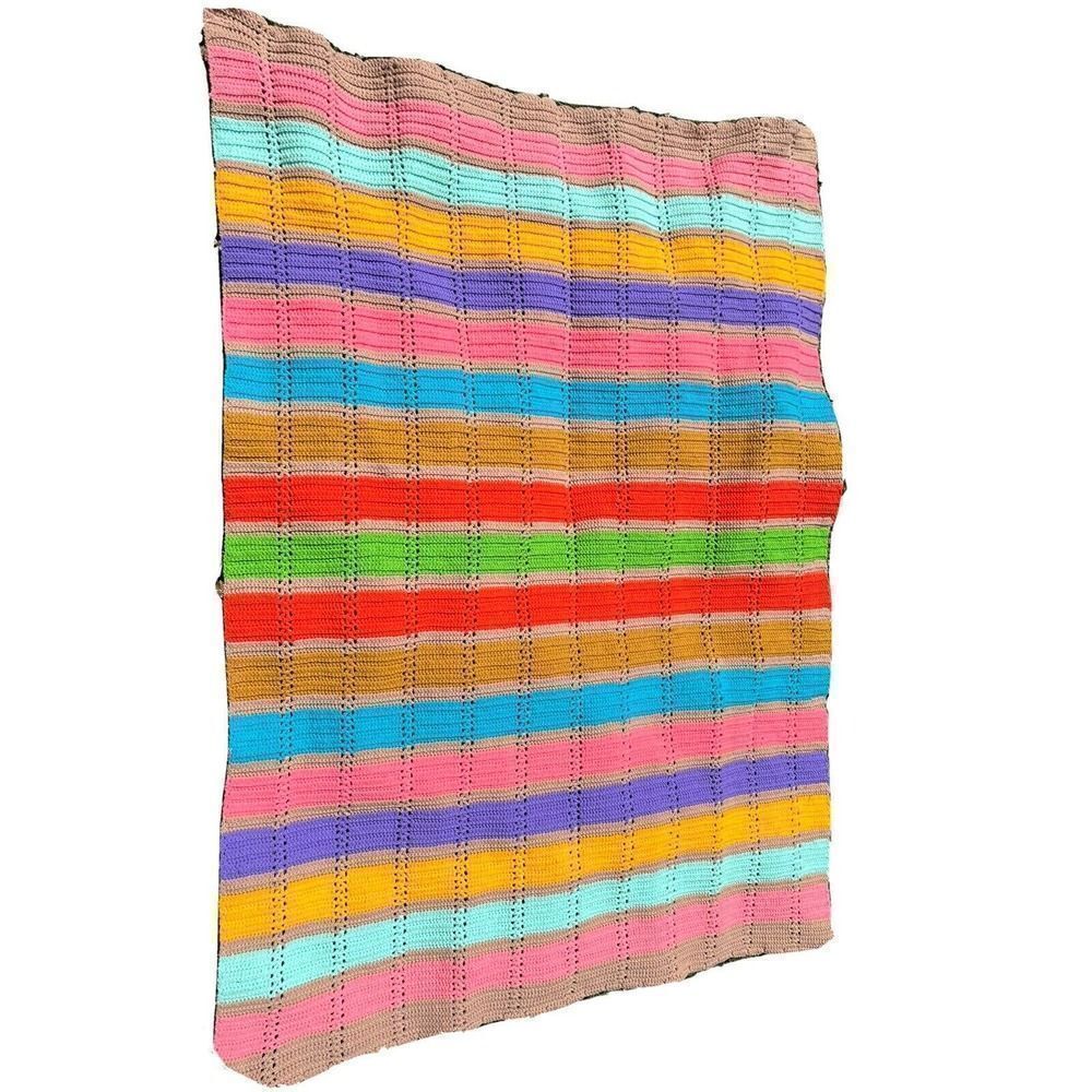 Vintage Hand Made Knit Granny Stripe Afghan Throw Picnic Blanket Boho 70's Color